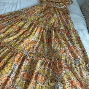Flying Tomato Yellow Paisley Tiered Maxi Skirt with Orange Accents